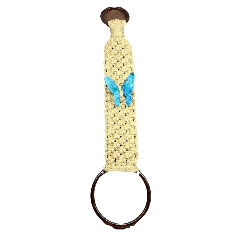 Vintage Handmade Towel Holder Macrame, 70's Blue Butterfly Hippie Door Hanger